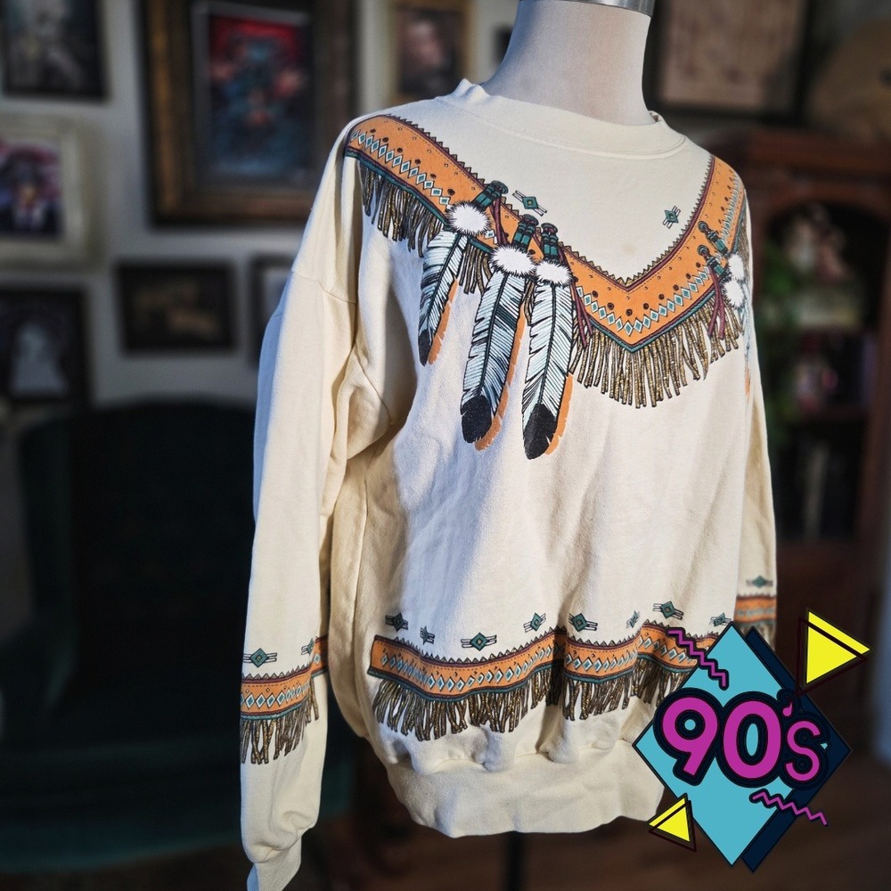 Lifestyles‎ Sweatshirt Pullover Vintage 90s Southwestern Fringe Print Feather